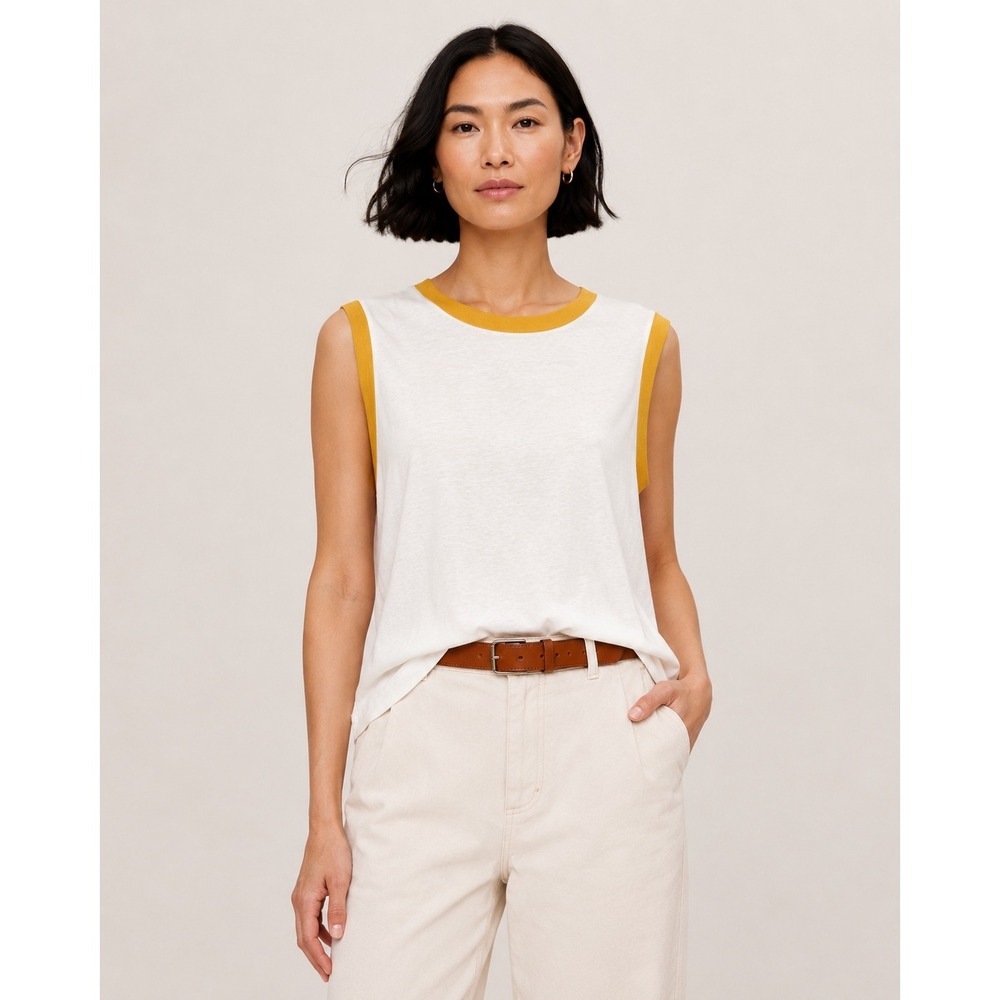 Banana Republic Women Ringer Tank Top M White Gold Casual Sleeveless Top
